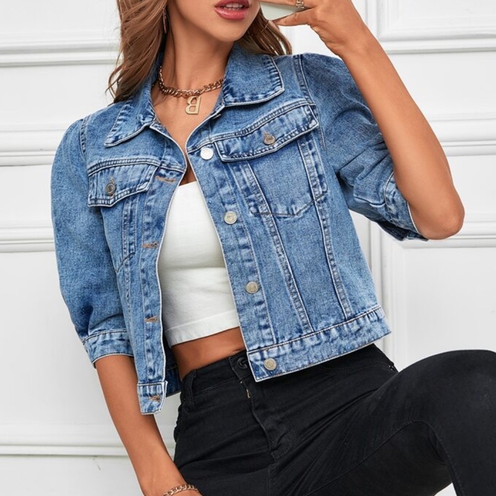 Boho Medium Wash Blue Puff Sleeve Denim Jacket Shacket - Picture 2 of 4